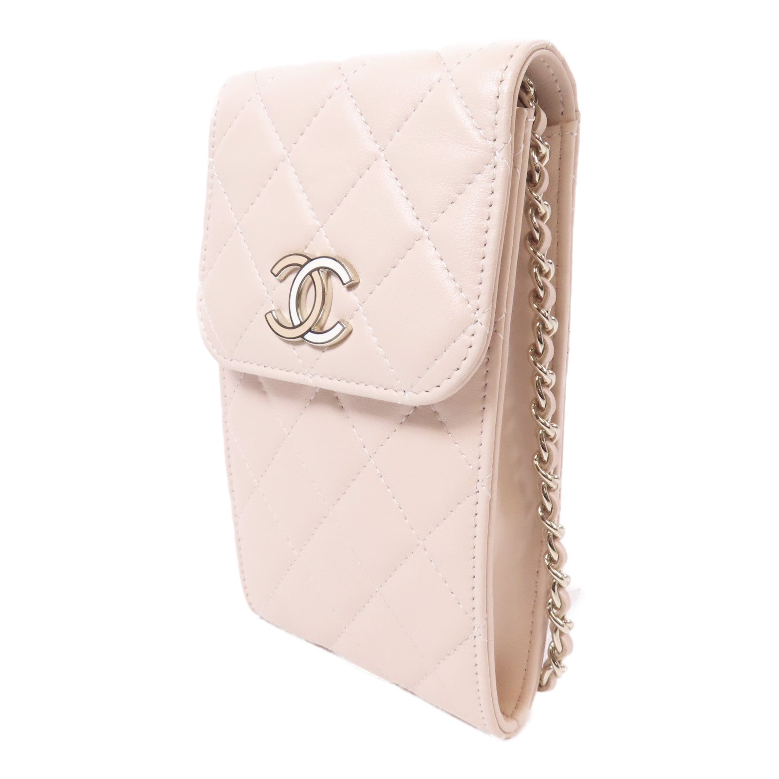 CHANEL 【激減優惠】菱格羊皮皮革Chain Phone Shoulder Bag金扣鏈帶肩背袋米色