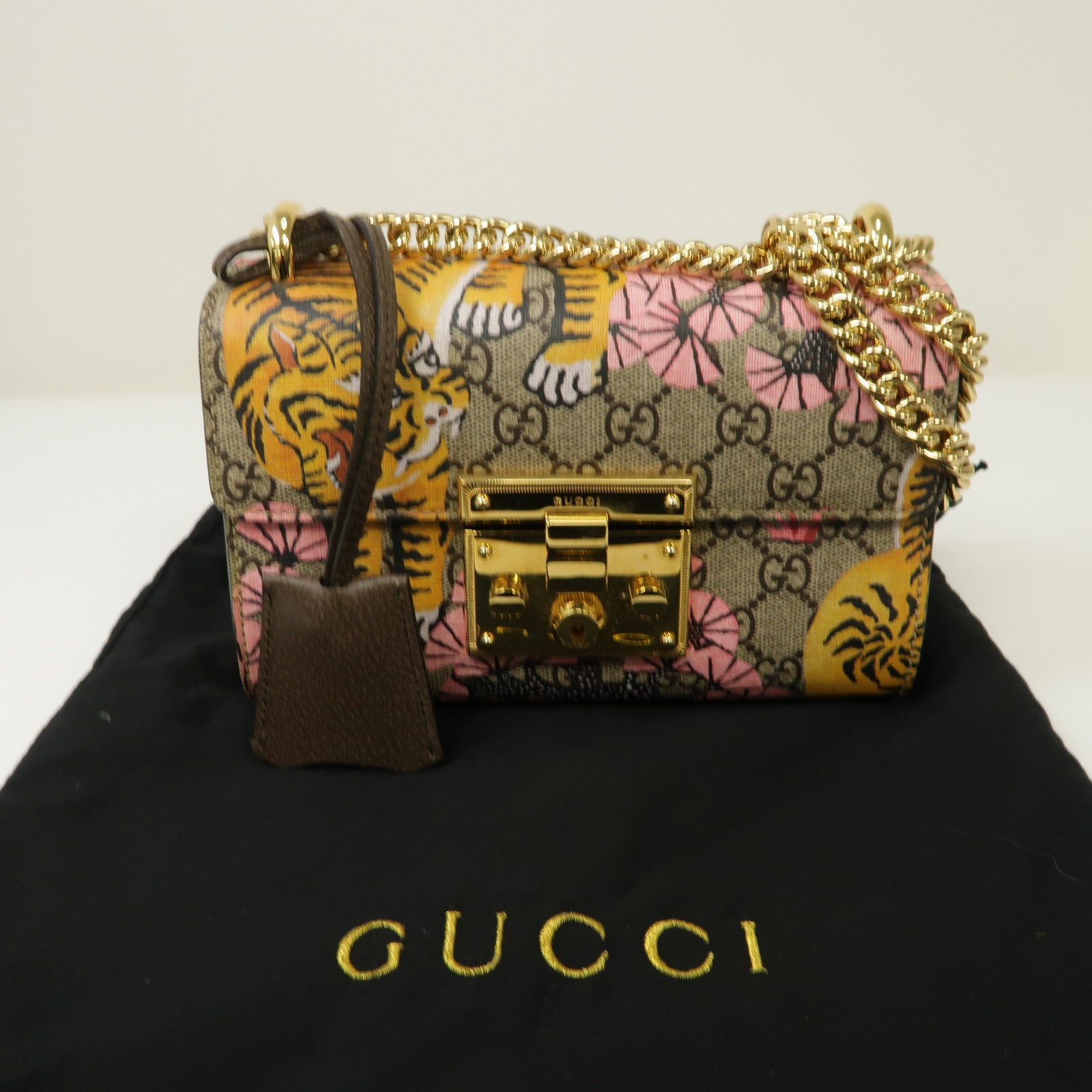 GUCCI 【激減優惠】塗層帆布Padlock GG金扣鏈帶肩背袋啡色