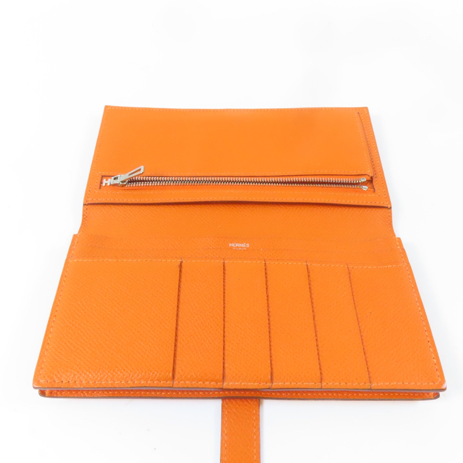 HERMES Epsom皮革Bearn Long Wallet折叠錢包經典橘色