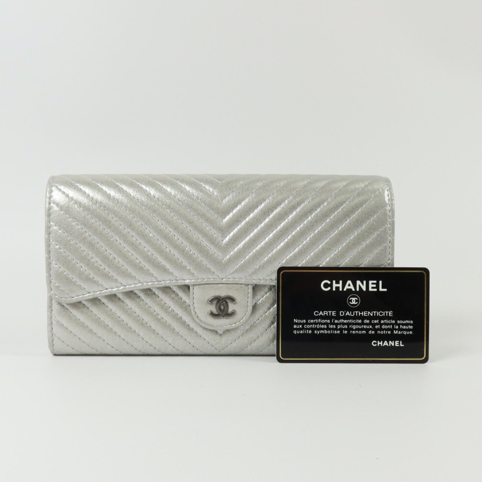 CHANEL 羊皮皮革Long Wallet銀扣長錢包