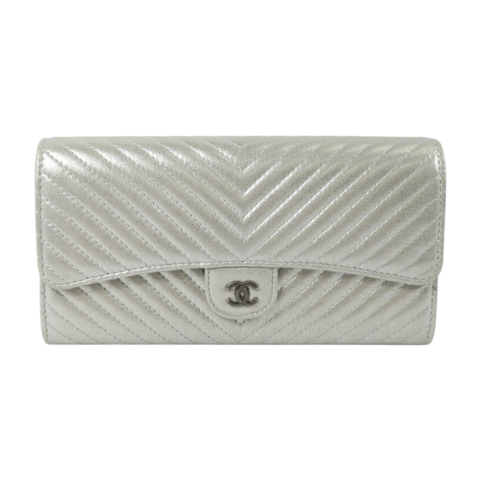 CHANEL 羊皮皮革Long Wallet銀扣長錢包