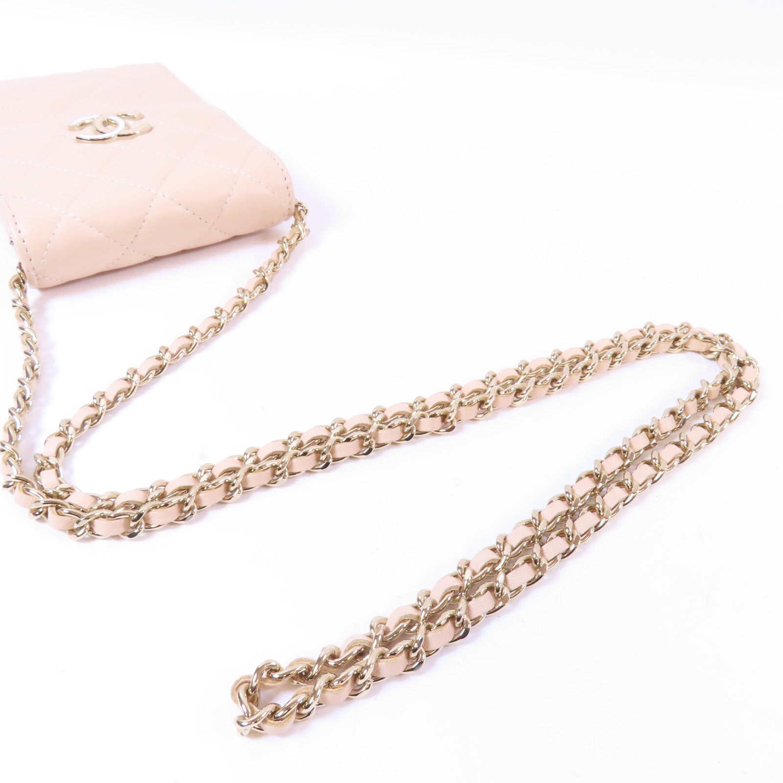 CHANEL 【激減優惠】菱格羊皮皮革Chain Phone Shoulder Bag金扣鏈帶肩背袋米色