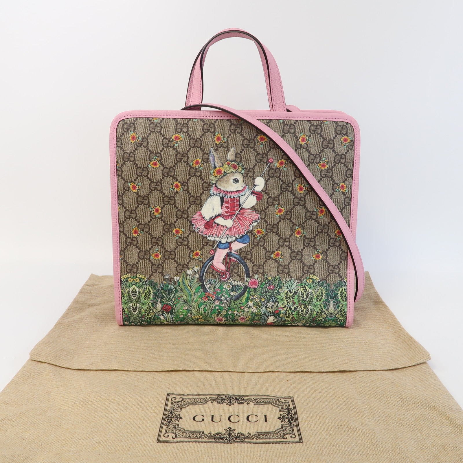 GUCCI 塗層帆布2 Way Shoulder Bag銀扣手挽肩背兩用袋啡色/粉紅色