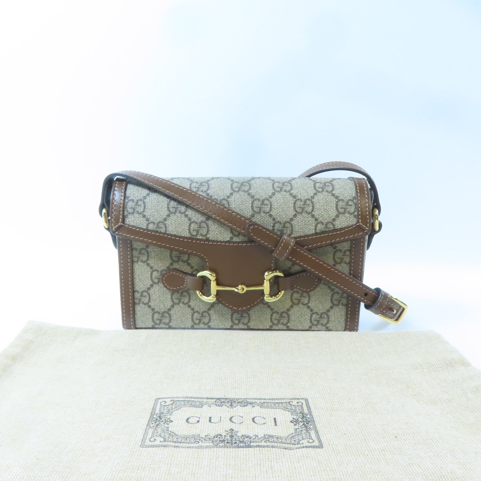 GUCCI 塗層帆布Horsebit 1955 Mini金扣肩背袋啡色
