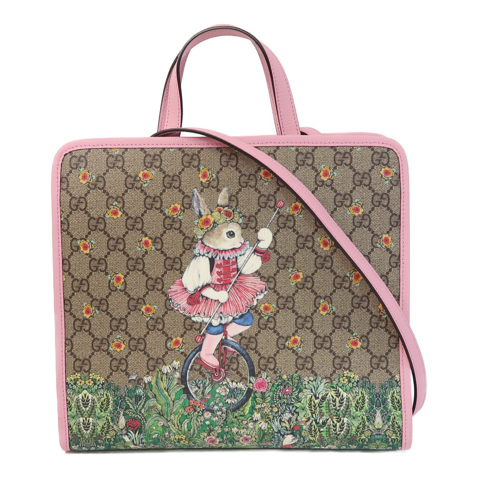GUCCI 塗層帆布2 Way Shoulder Bag銀扣手挽肩背兩用袋啡色/粉紅色