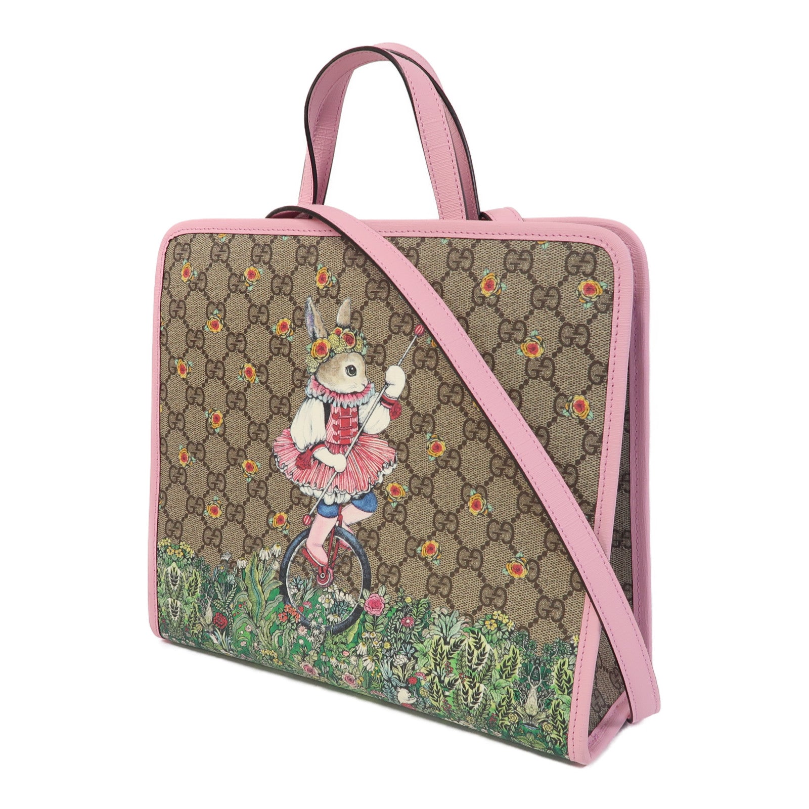 GUCCI 塗層帆布2 Way Shoulder Bag銀扣手挽肩背兩用袋啡色/粉紅色