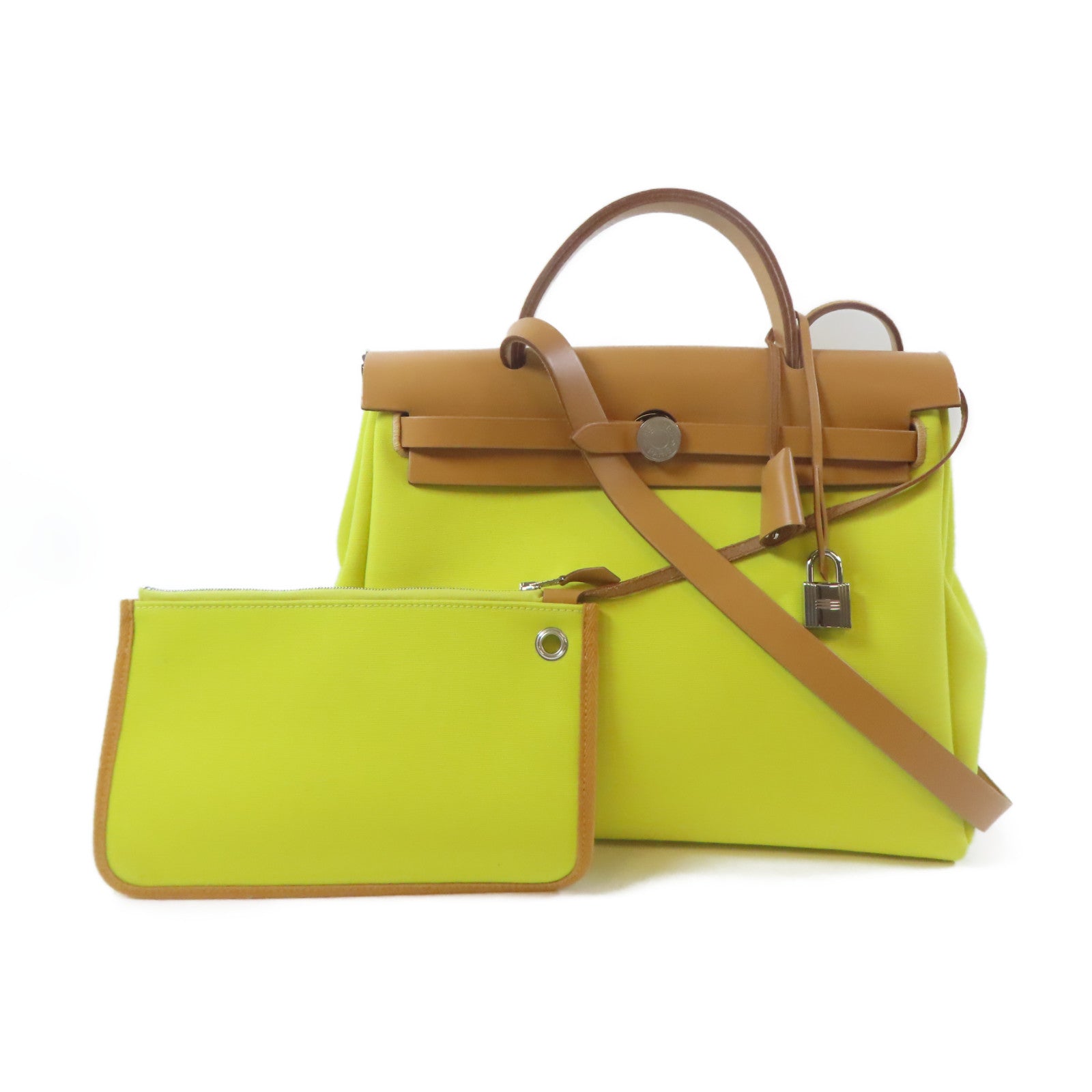 HERMES 帆布Herbag PM銀扣手挽肩背兩用袋黃色