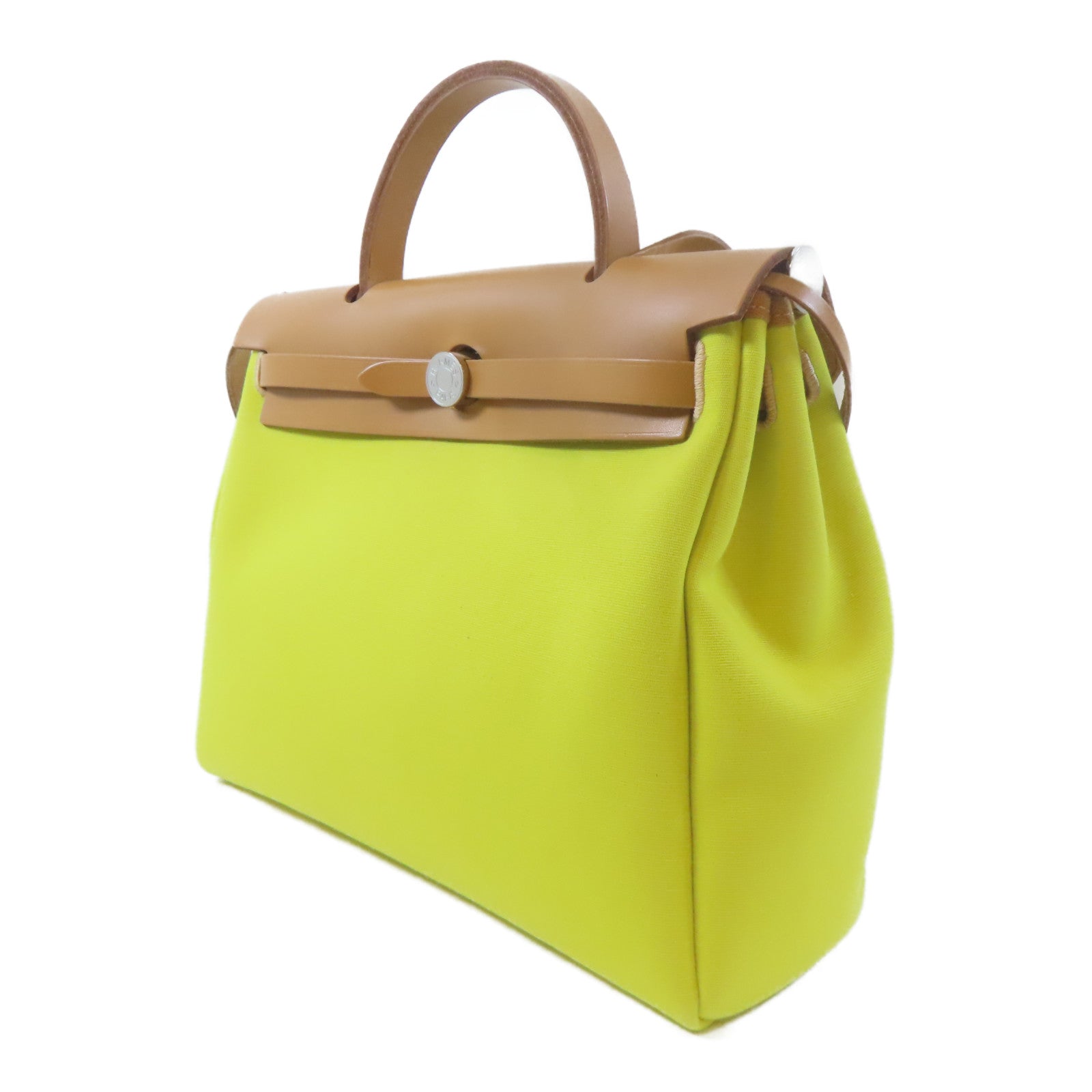 HERMES 帆布Herbag PM銀扣手挽肩背兩用袋黃色