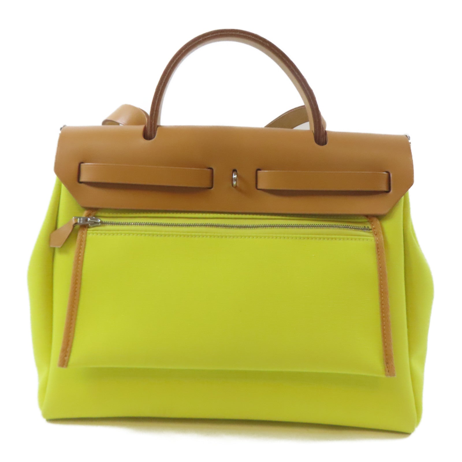 HERMES 帆布Herbag PM銀扣手挽肩背兩用袋黃色