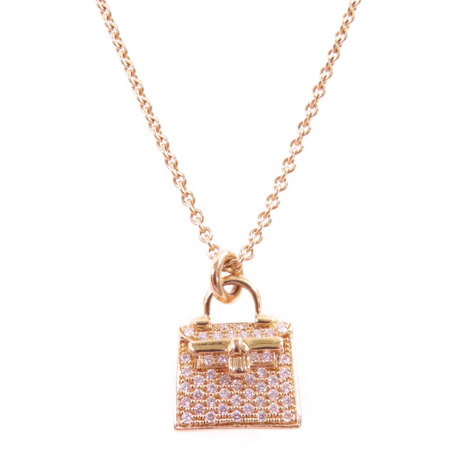 HERMES GHW Diamond Kelly Pendant Necklace 18K Rose Gold