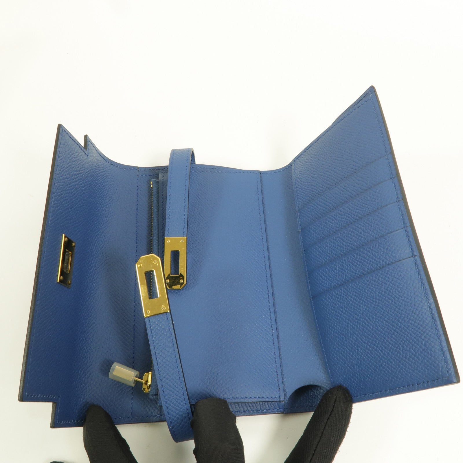 HERMES Epsom皮革Kelly Depliant Medium長錢包Bleu Agate