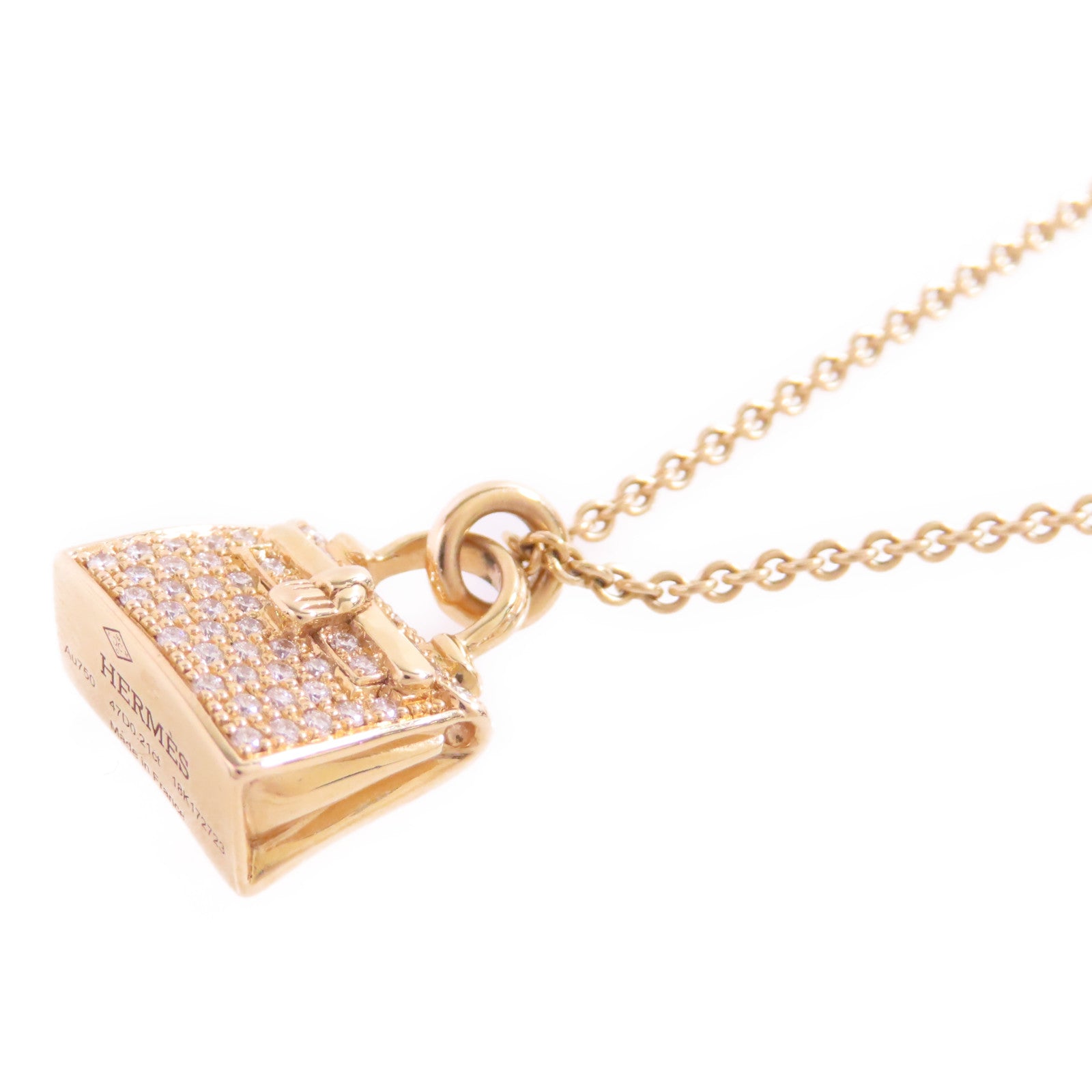 HERMES GHW Diamond Kelly Pendant Necklace 18K Rose Gold