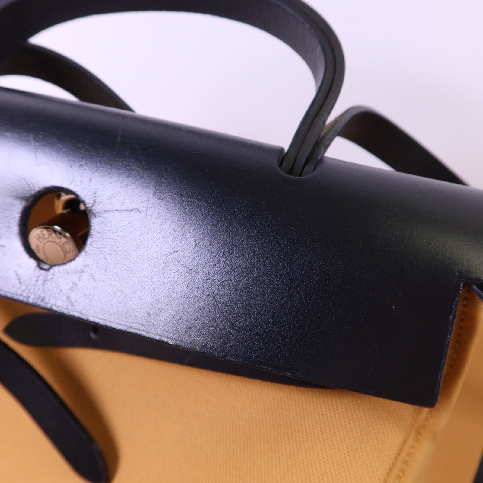 HERMES 帆布Herbag PM銀扣手挽肩背兩用袋Moutarde