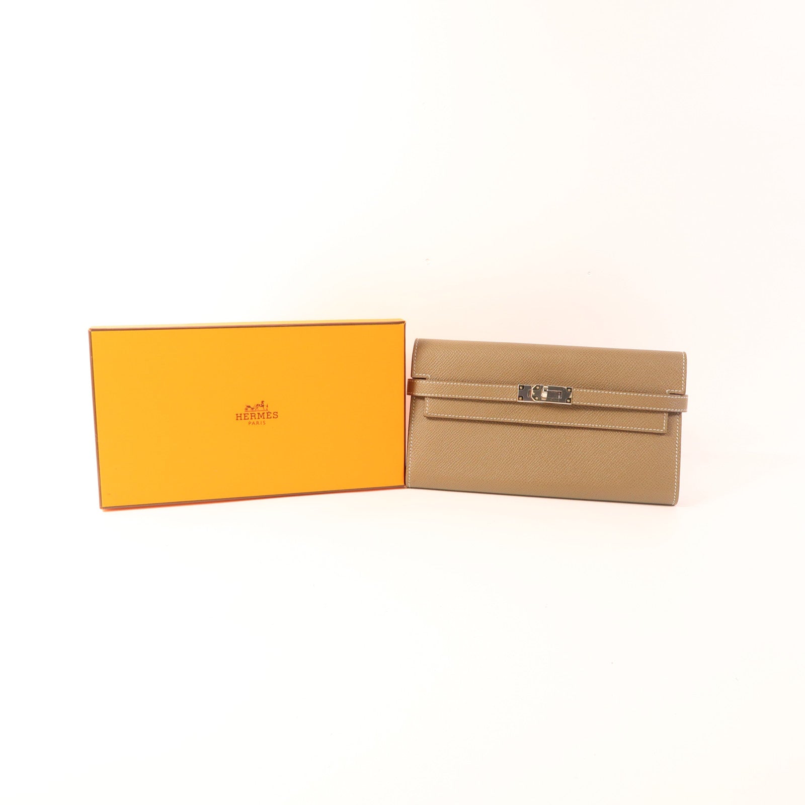 HERMES Epsom皮革Kelly Long Wallet銀扣長錢包Etoupe