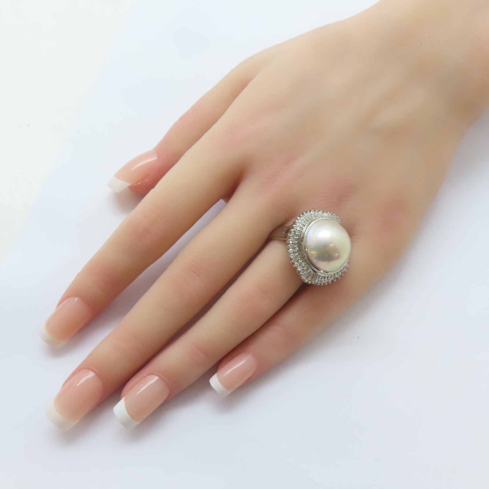 JEWELRY PT900鉑金/Pearl Ring 珍珠15.6mm/1.08ct鑚石戒指US#8
