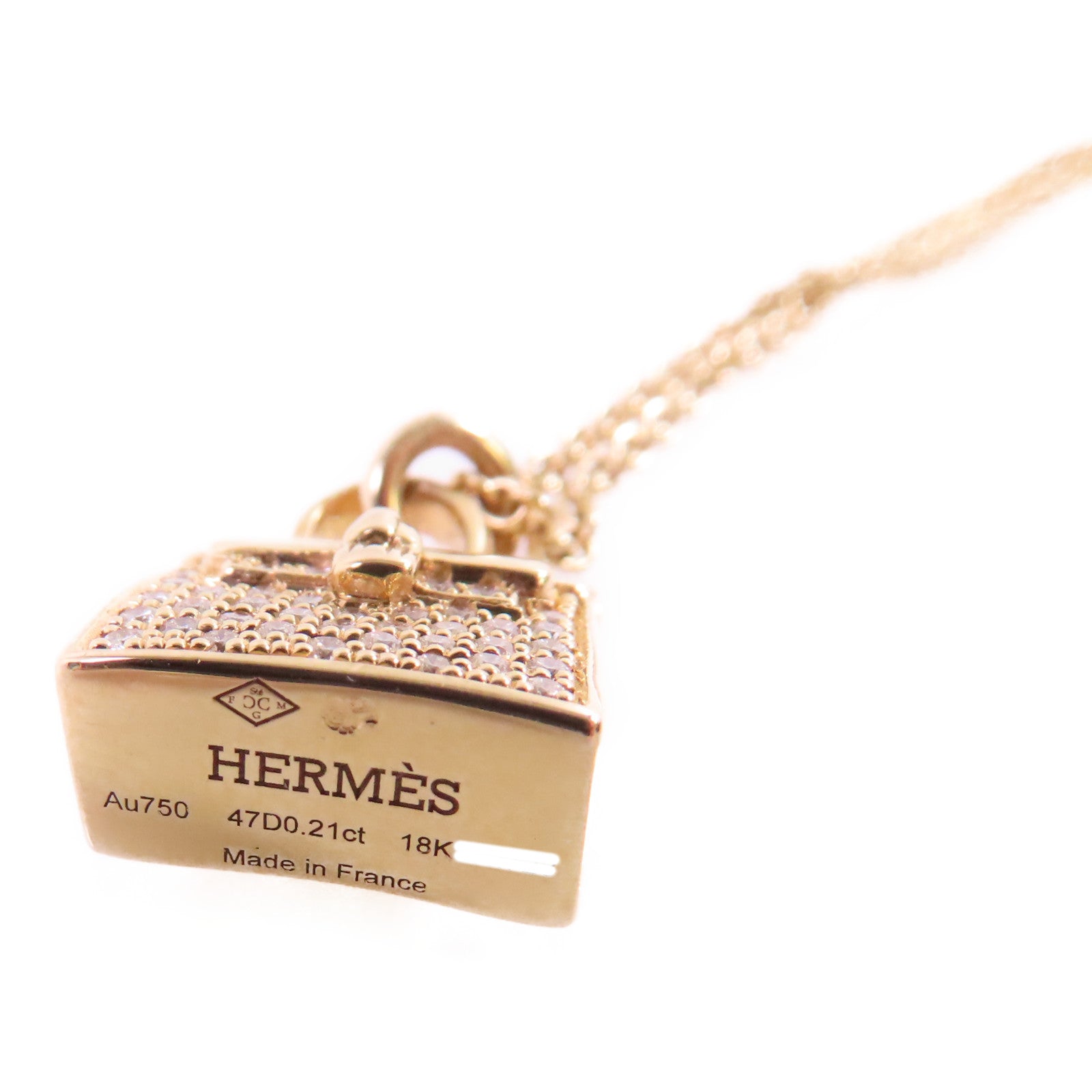 HERMES GHW Diamond Kelly Pendant Necklace 18K Rose Gold