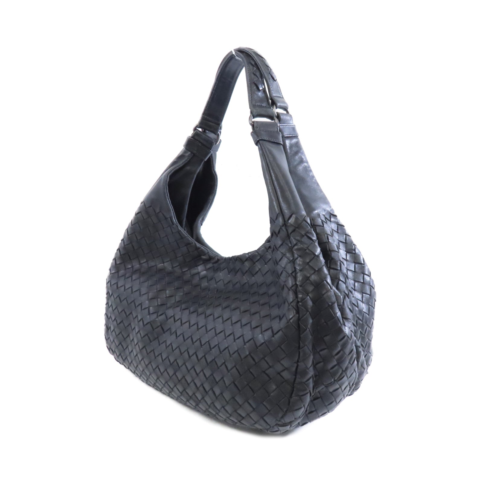 BOTTEGA VENETA 織紋皮革Campana Shoulder Bag銀扣肩背袋黑色