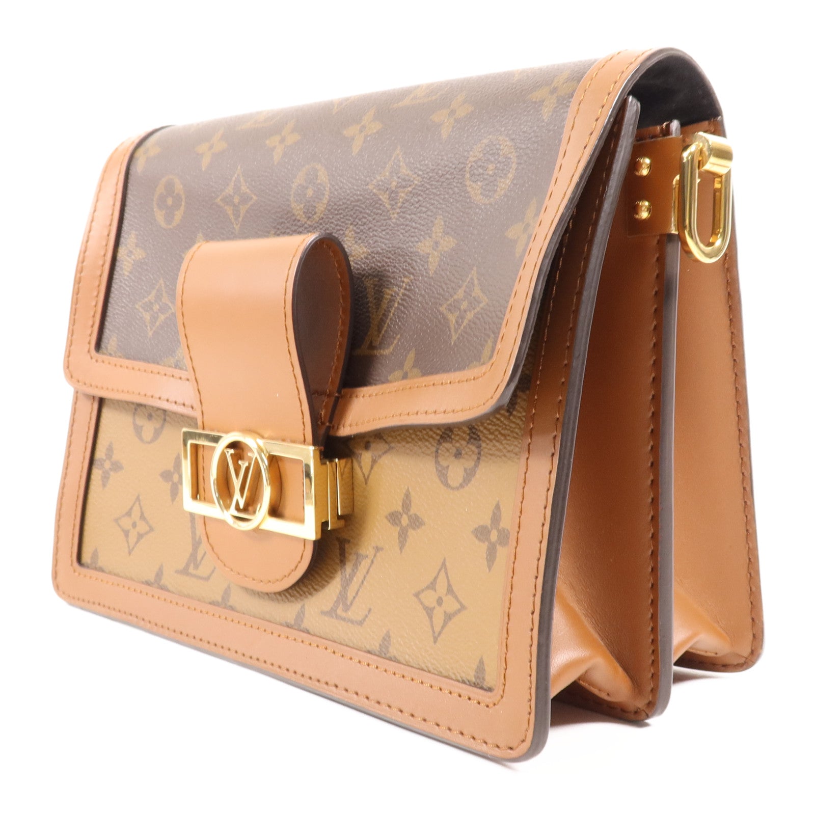 LOUIS VUITTON Monogram/Monogram Reverse Dauphine MM金扣手挽肩背兩用袋棕色