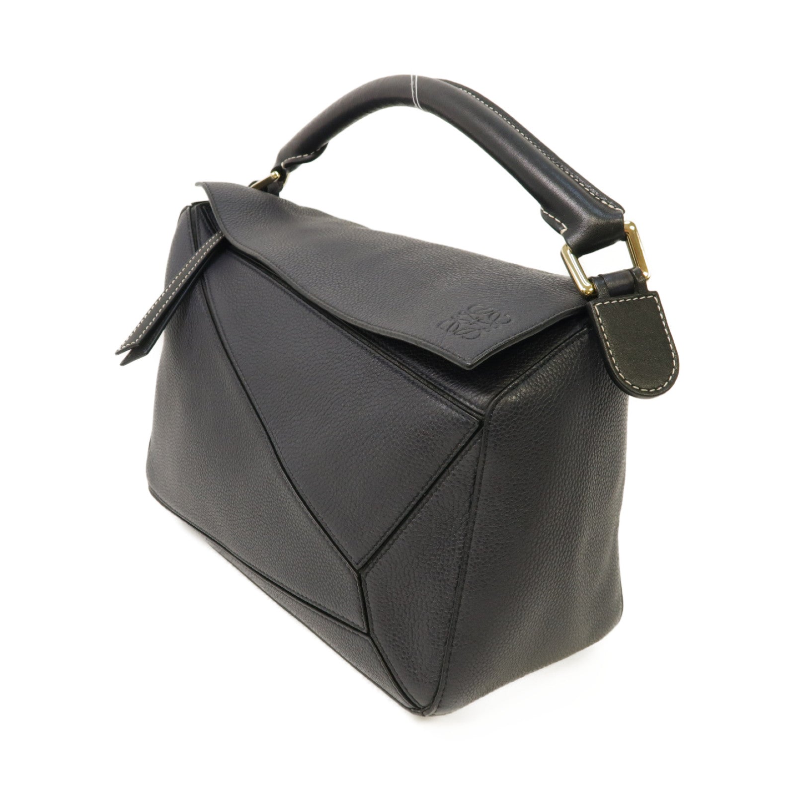 LOEWE 牛皮皮革Puzzle Medium金扣手挽肩背兩用袋深藍色/黑色
