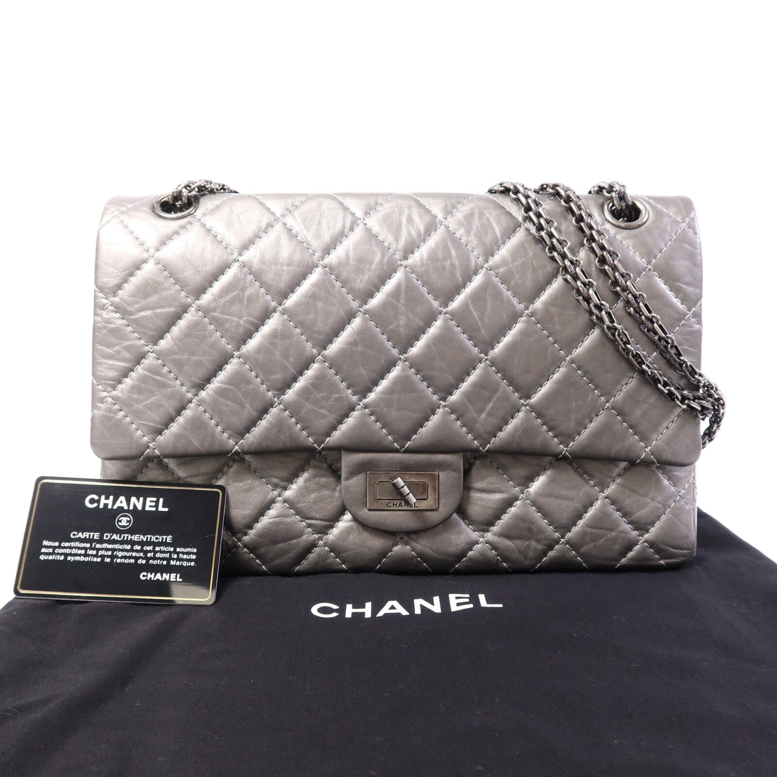 CHANEL 牛皮皮革2.55 Large銀扣鏈帶肩背袋
