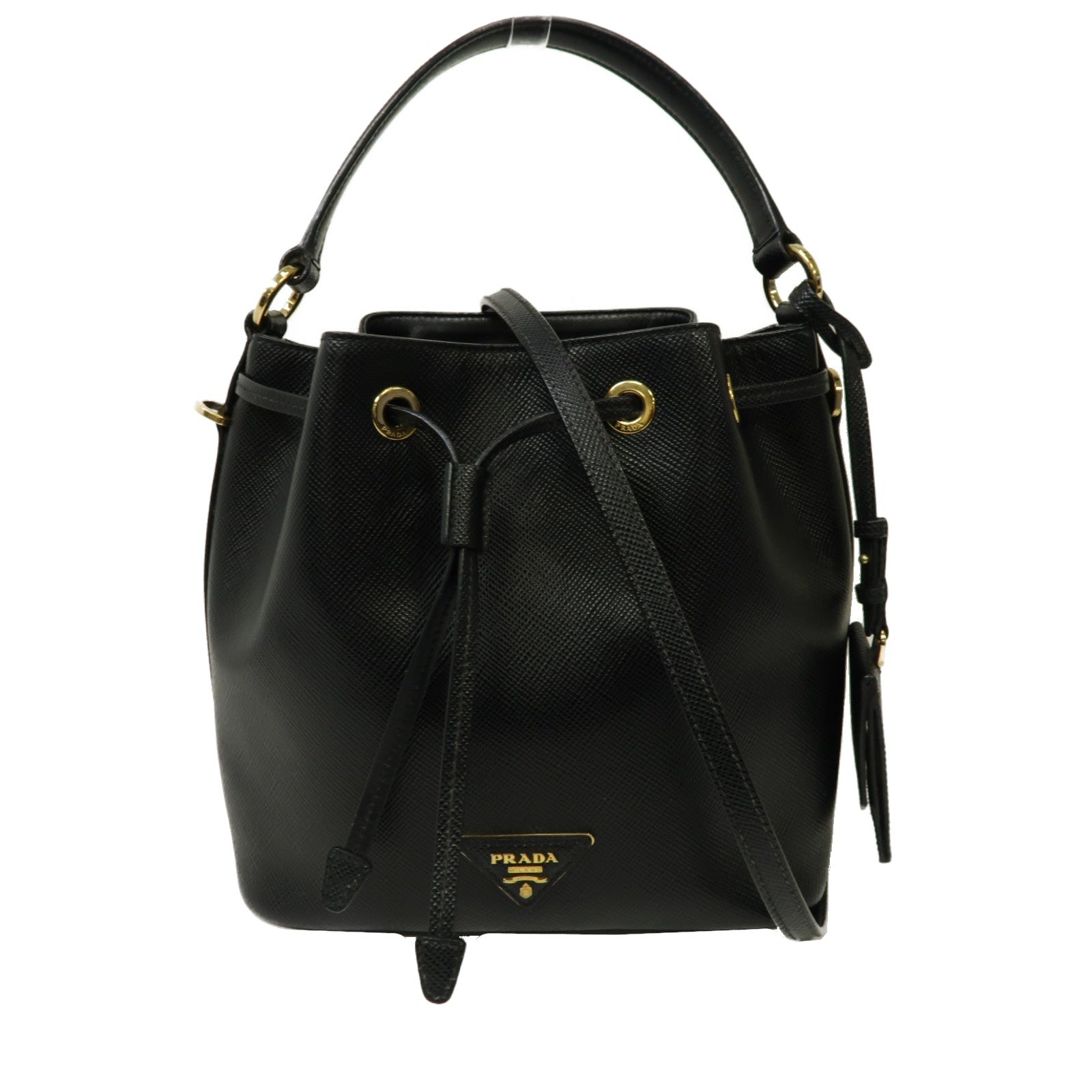 PRADA Saffiano皮革Bucket Bag金扣手挽肩背兩用袋黑色