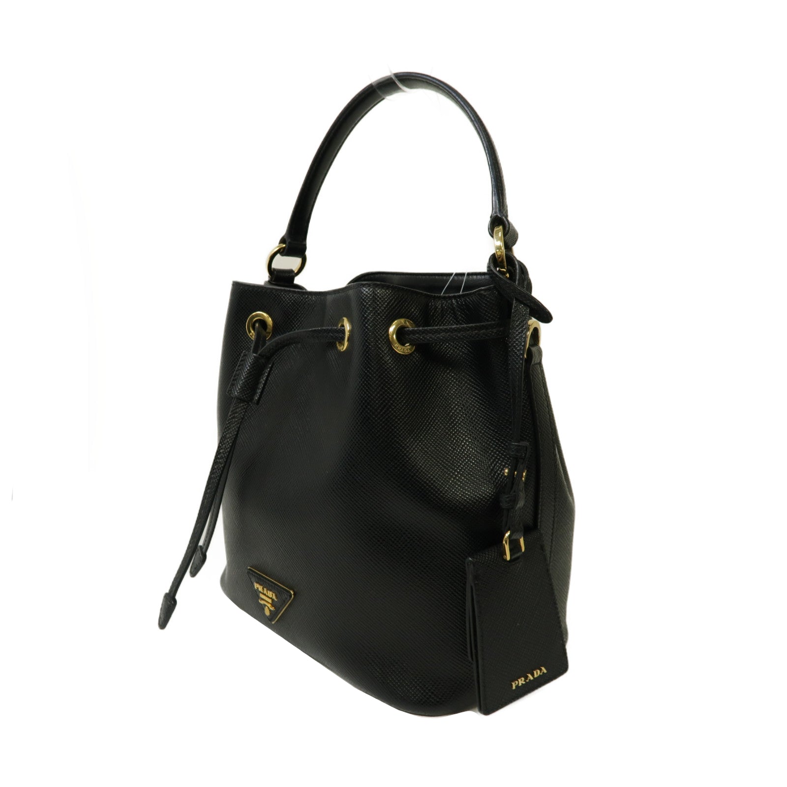 PRADA Saffiano皮革Bucket Bag金扣手挽肩背兩用袋黑色