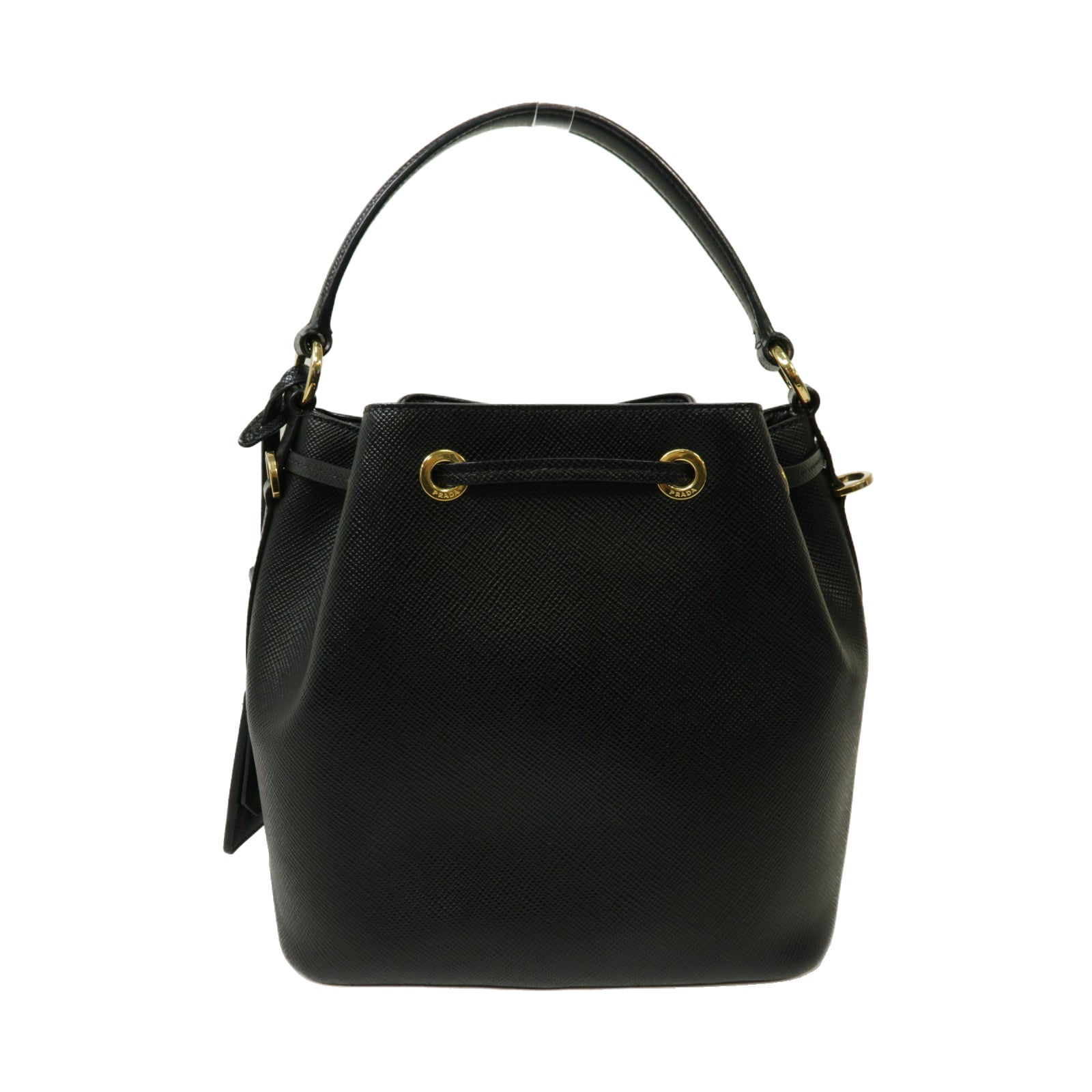 PRADA Saffiano皮革Bucket Bag金扣手挽肩背兩用袋黑色