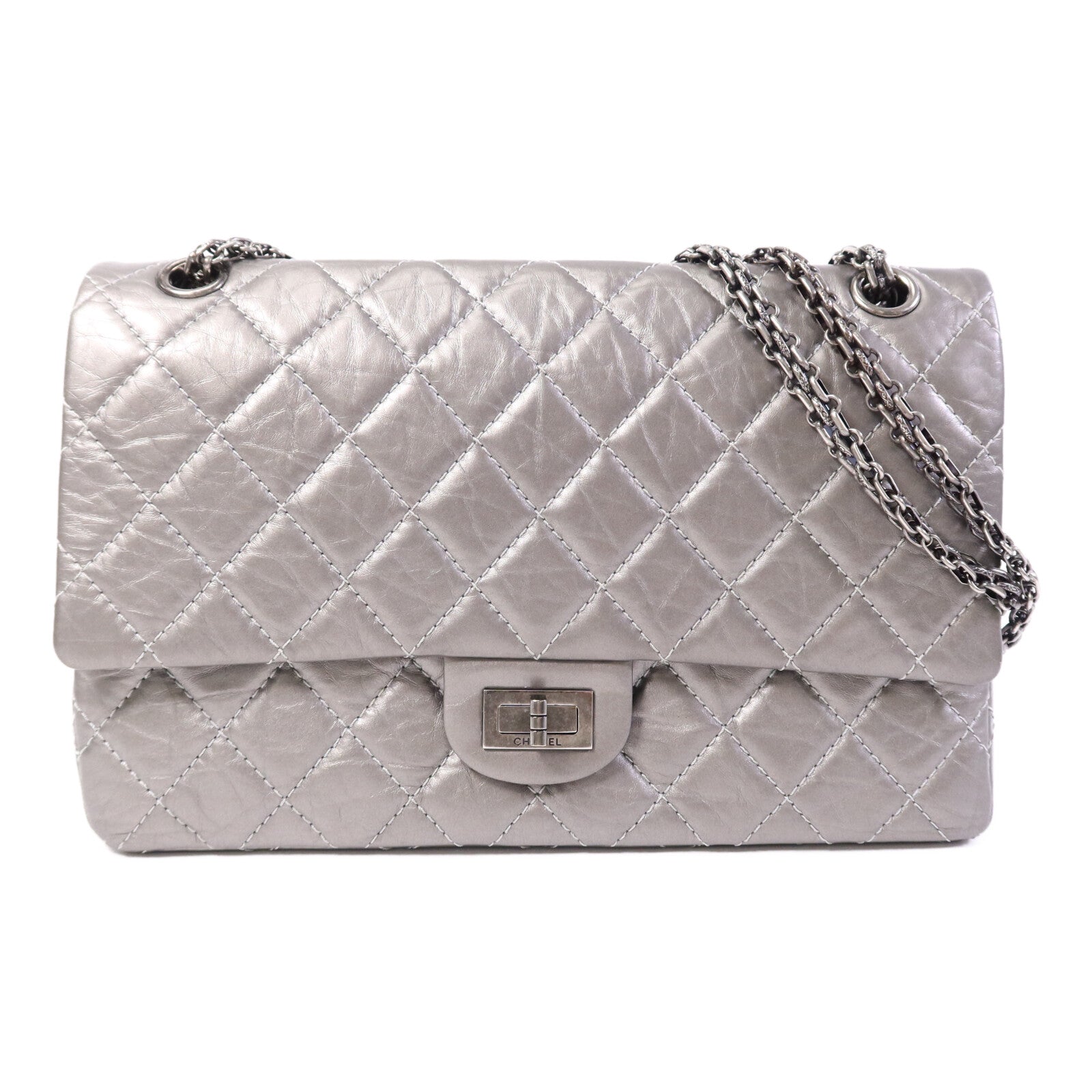 CHANEL 牛皮皮革2.55 Large銀扣鏈帶肩背袋