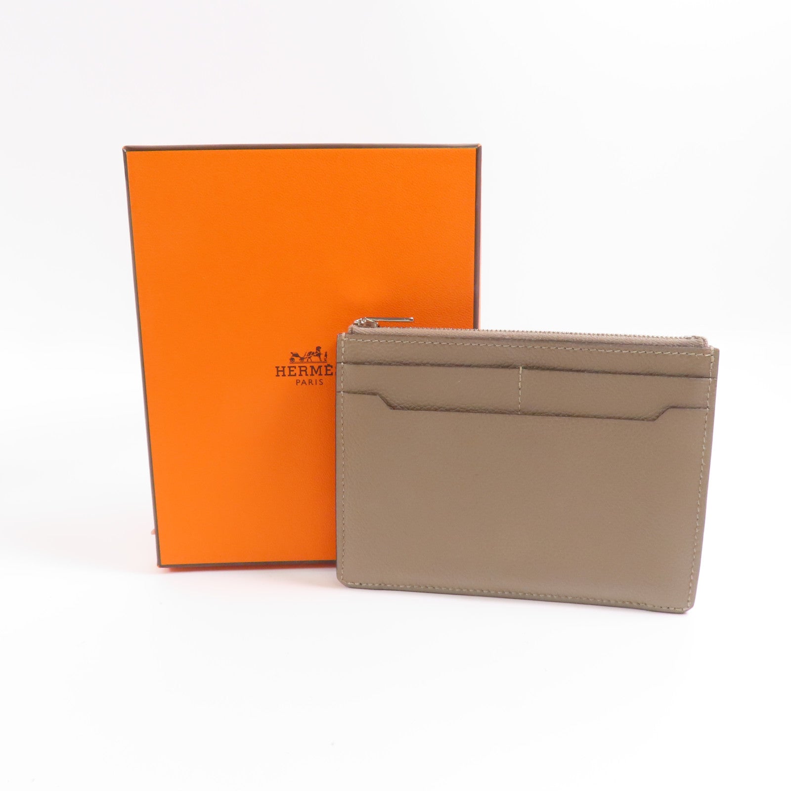 HERMES Evercolor皮革City Zip銀扣錢包/手拿包Etoupe
