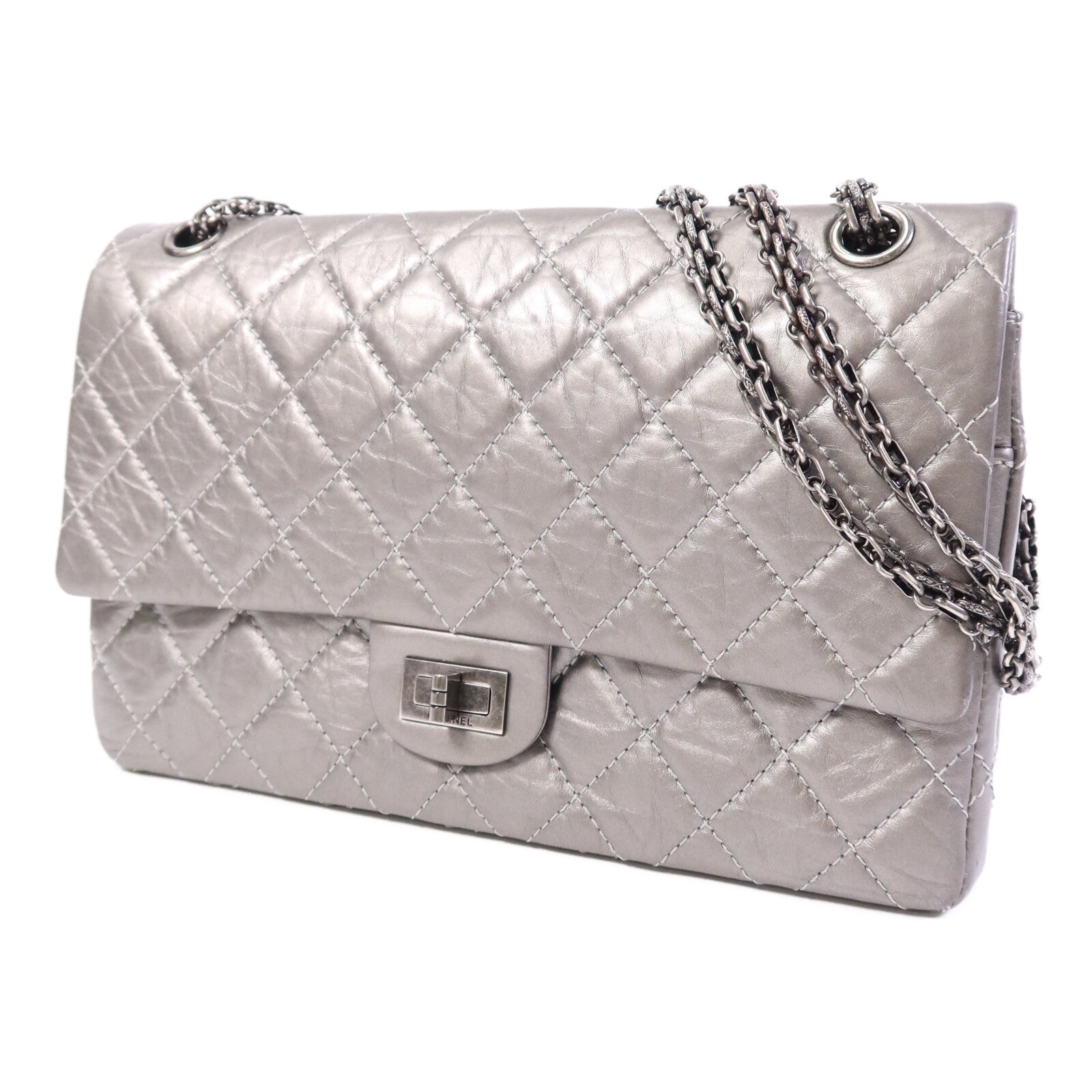 CHANEL 牛皮皮革2.55 Large銀扣鏈帶肩背袋