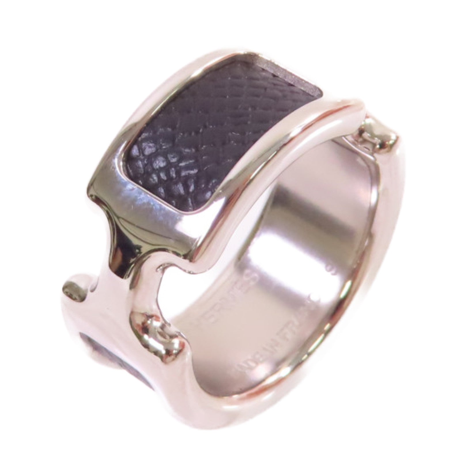 HERMES 白鍍金/牛皮皮革Olympe Ring S戒指Noir黑色US#6