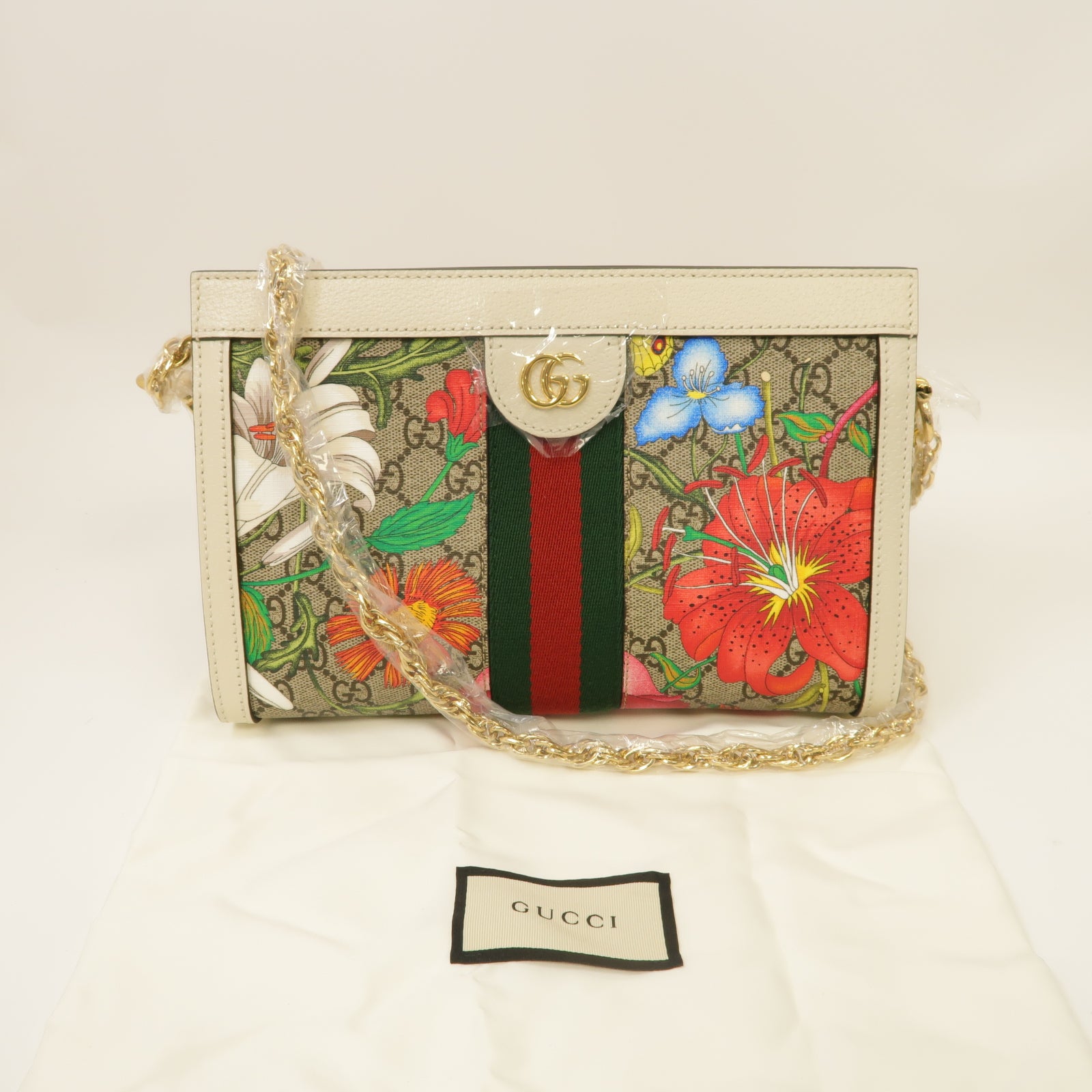 GUCCI 塗層帆布Shoulder Bag金扣鏈帶肩背袋白色