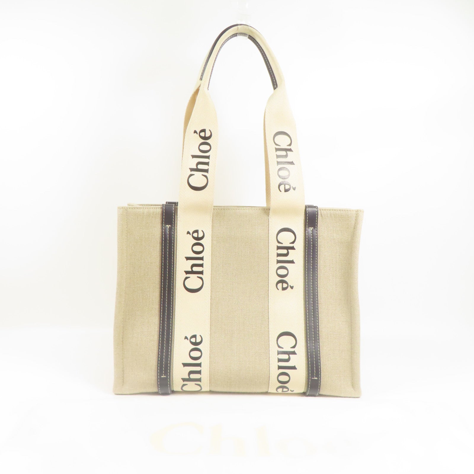 Chloe Woody Tote Bag Medium Canvas Beige Black