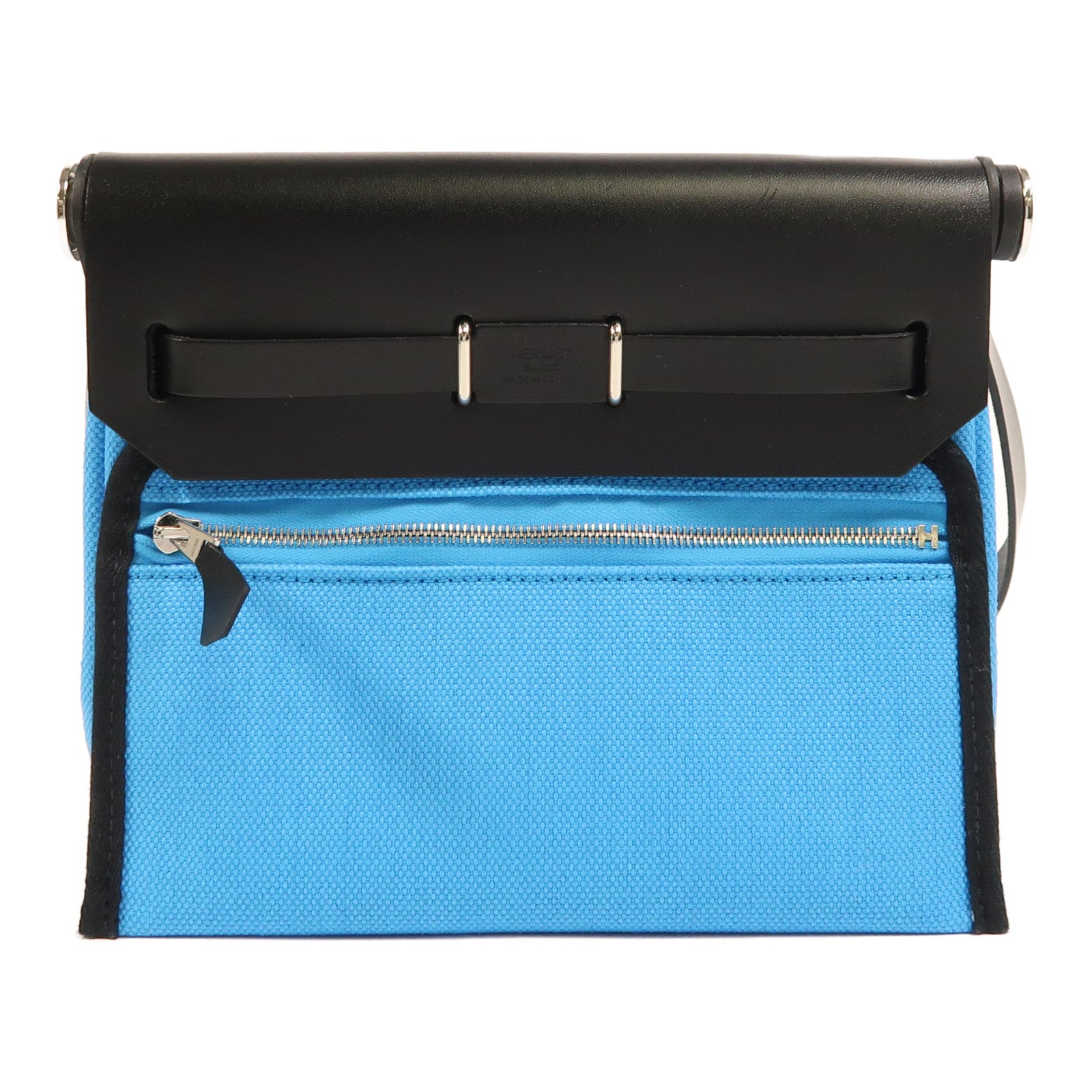 HERMES 帆布Herbag Zip 20銀扣肩背袋Bleu Riviera/Noir