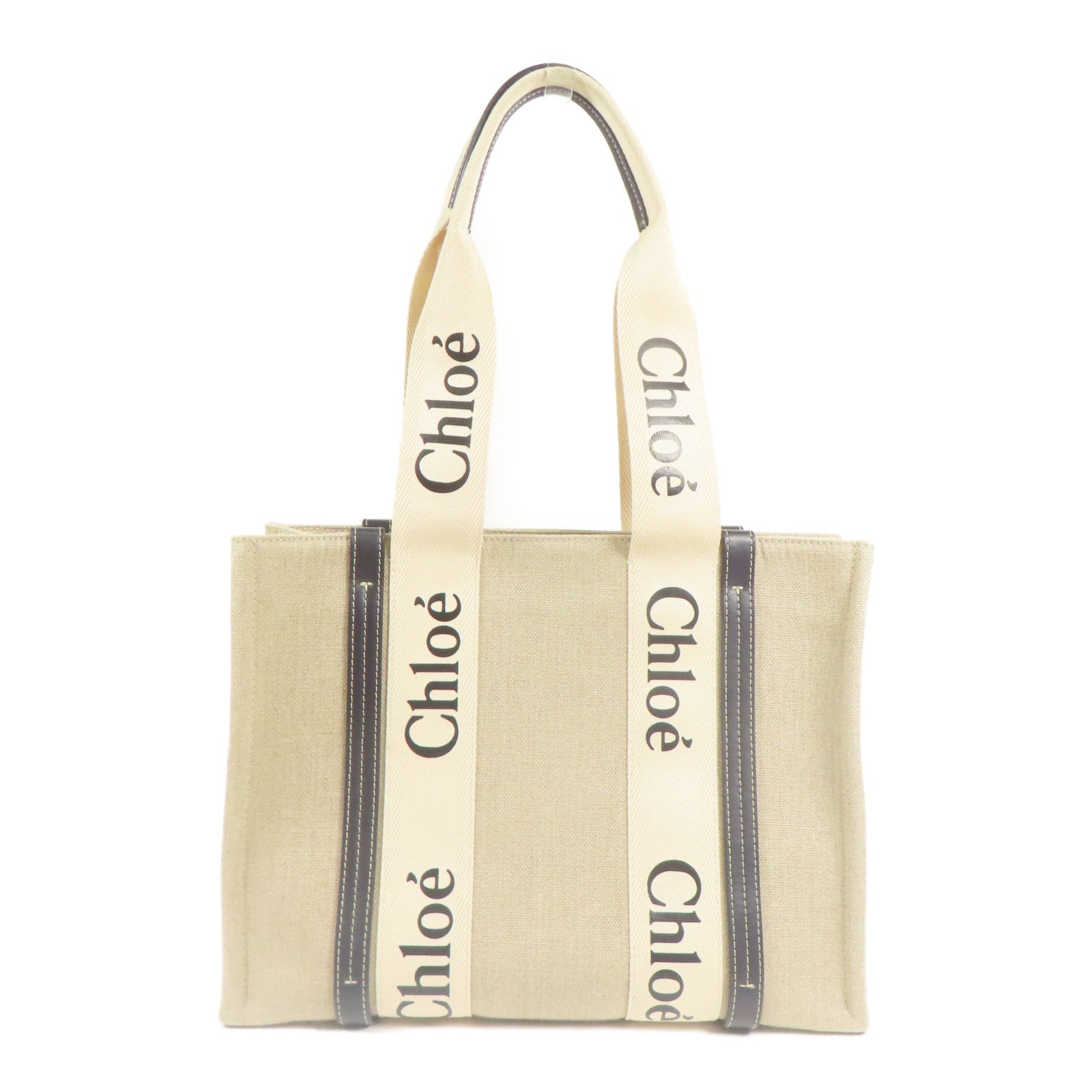 Chloe Woody Tote Bag Medium Canvas Beige Black