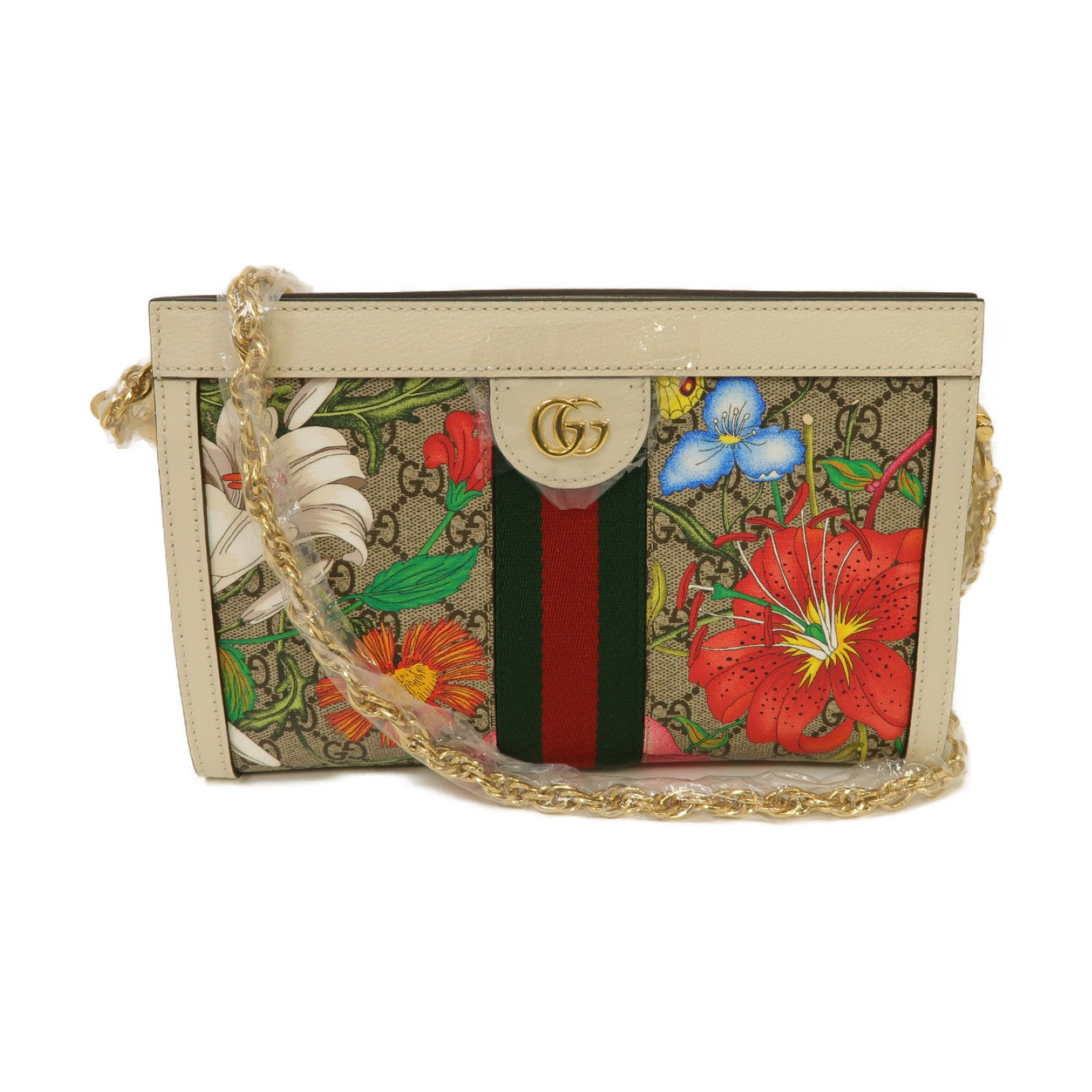 GUCCI 塗層帆布Shoulder Bag金扣鏈帶肩背袋白色