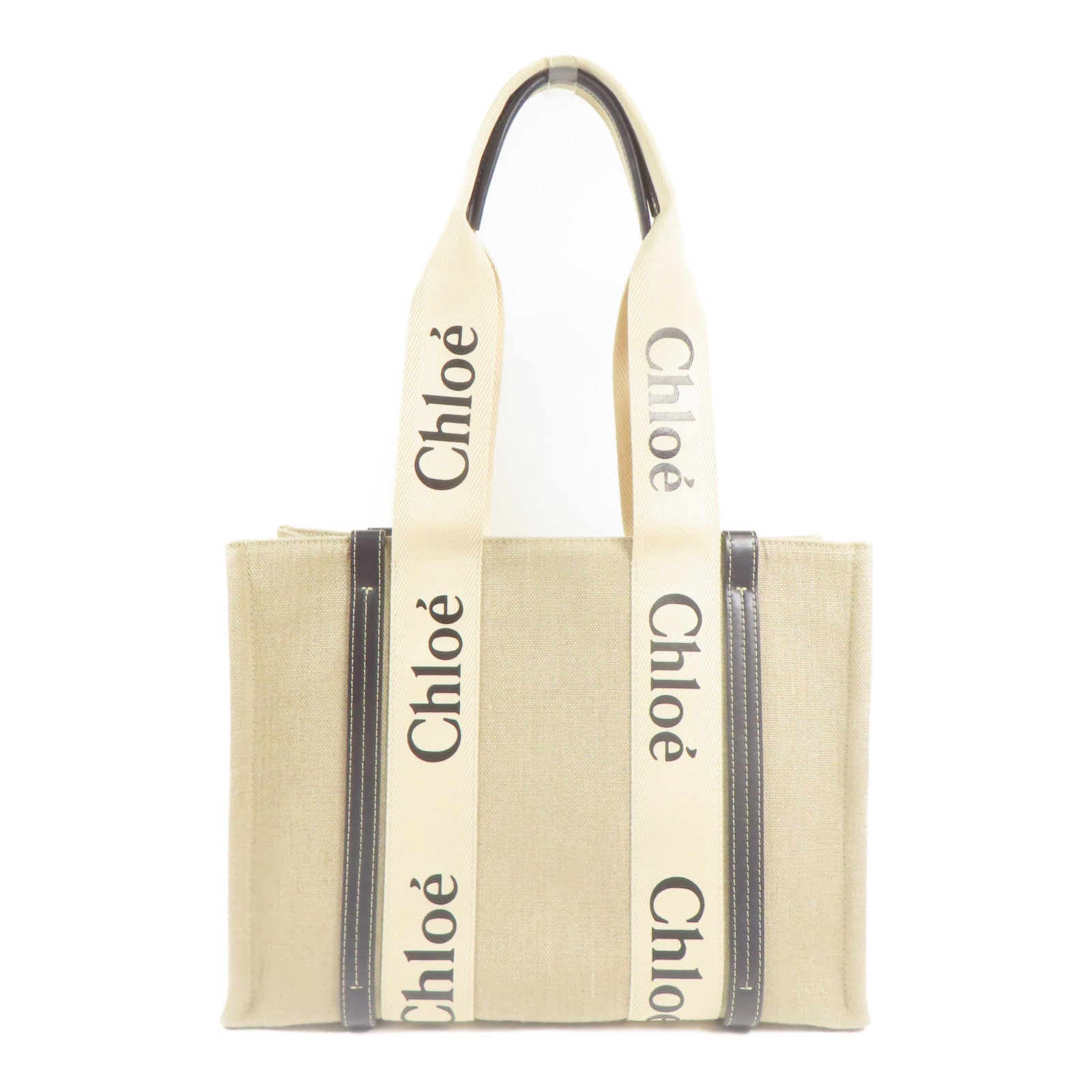 Chloe Woody Tote Bag Medium Canvas Beige Black