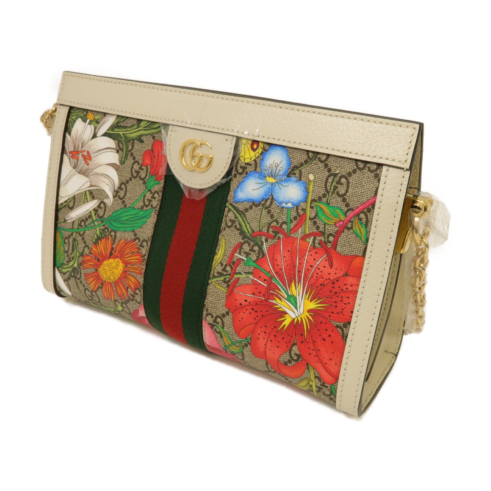GUCCI 塗層帆布Shoulder Bag金扣鏈帶肩背袋白色