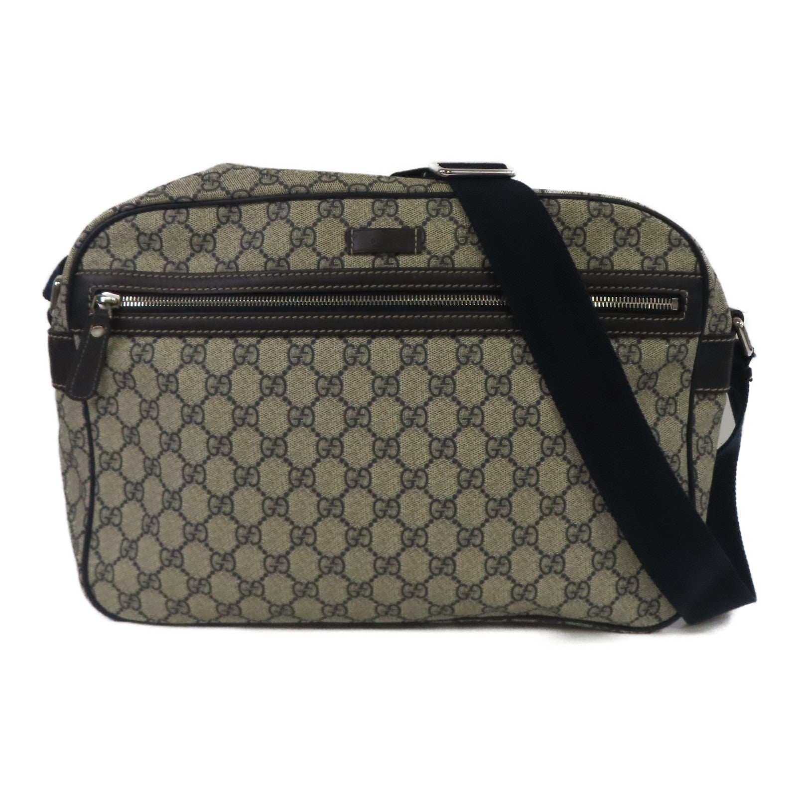 GUCCI 塗層帆布Shoulder Bag銀扣肩背袋深藍色/米色