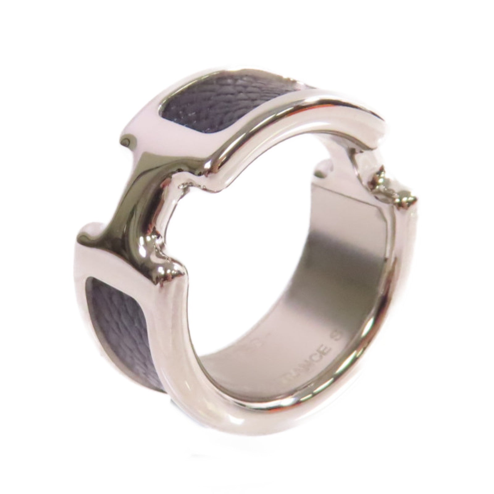 HERMES 白鍍金/牛皮皮革Olympe Ring S戒指Noir黑色US#6