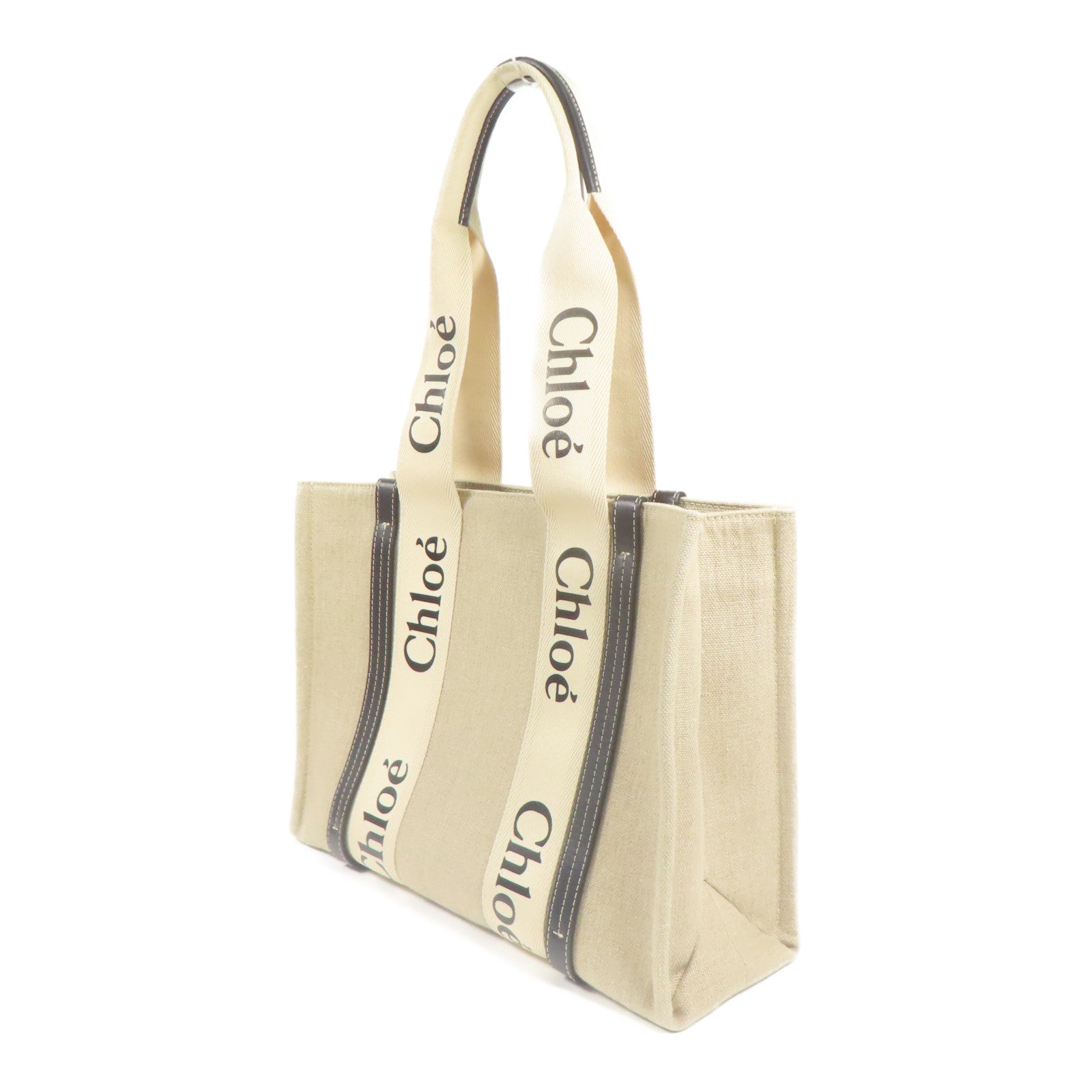 Chloe Woody Tote Bag Medium Canvas Beige Black