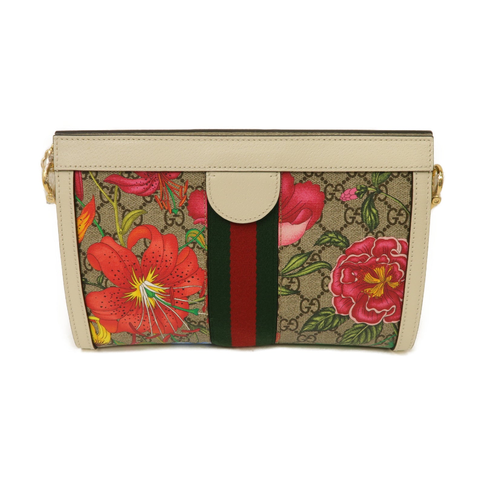 GUCCI 塗層帆布Shoulder Bag金扣鏈帶肩背袋白色