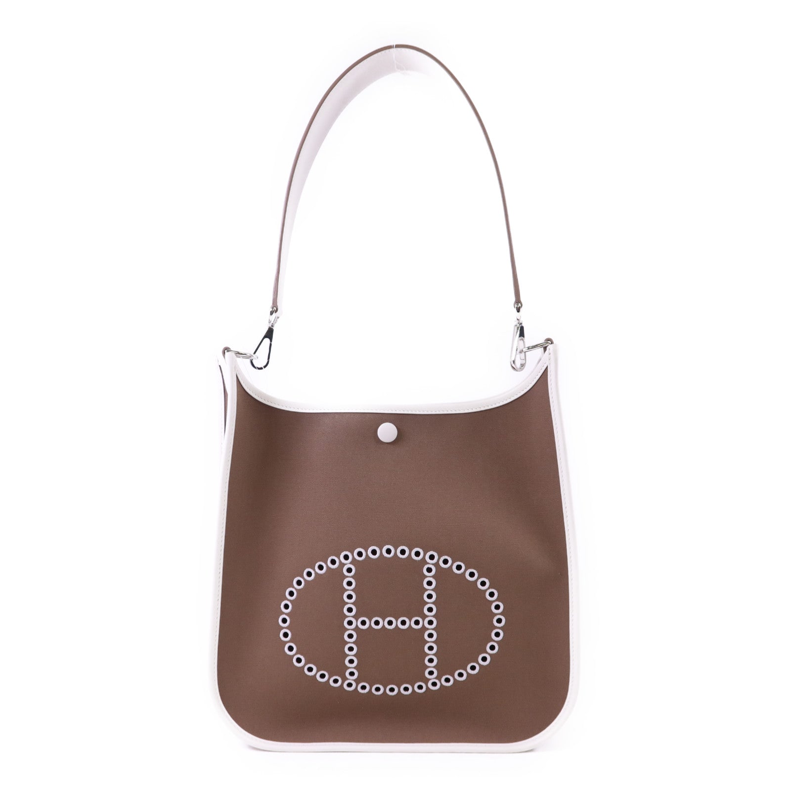 HERMES Swift皮革/Toile布料Evelyne 29銀扣肩背袋Etoupe