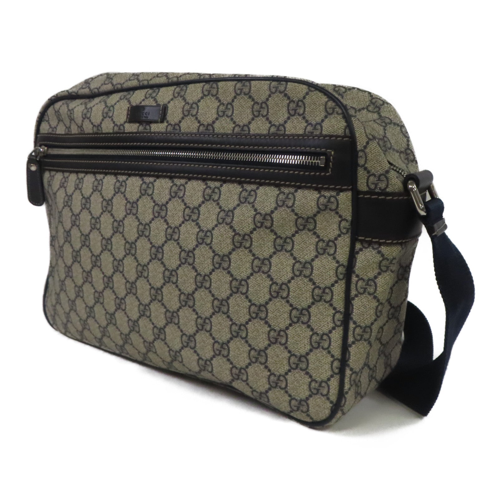 GUCCI 塗層帆布Shoulder Bag銀扣肩背袋深藍色/米色
