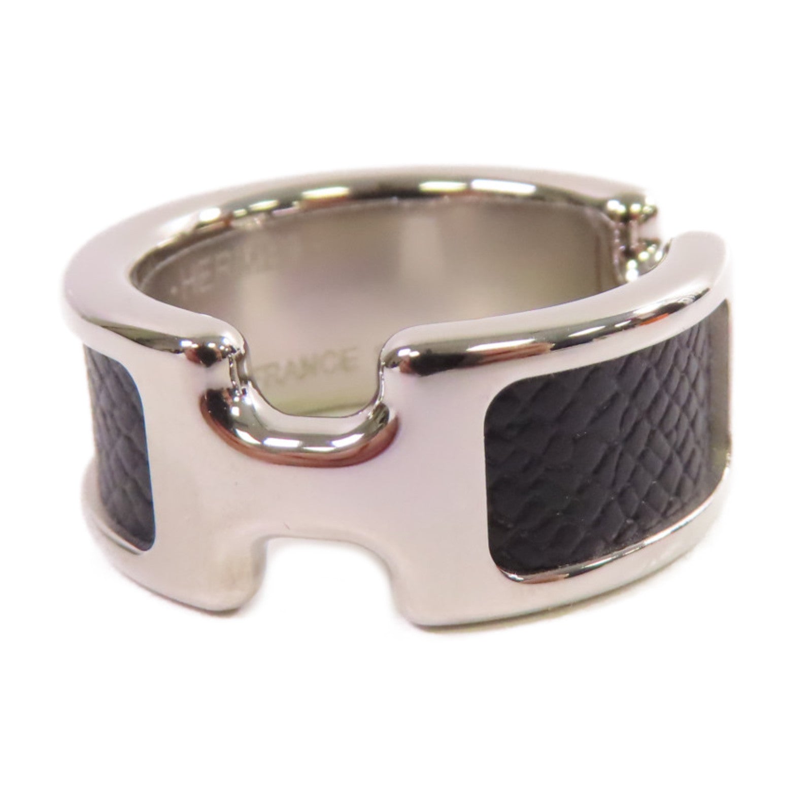 HERMES 白鍍金/牛皮皮革Olympe Ring S戒指Noir黑色US#6