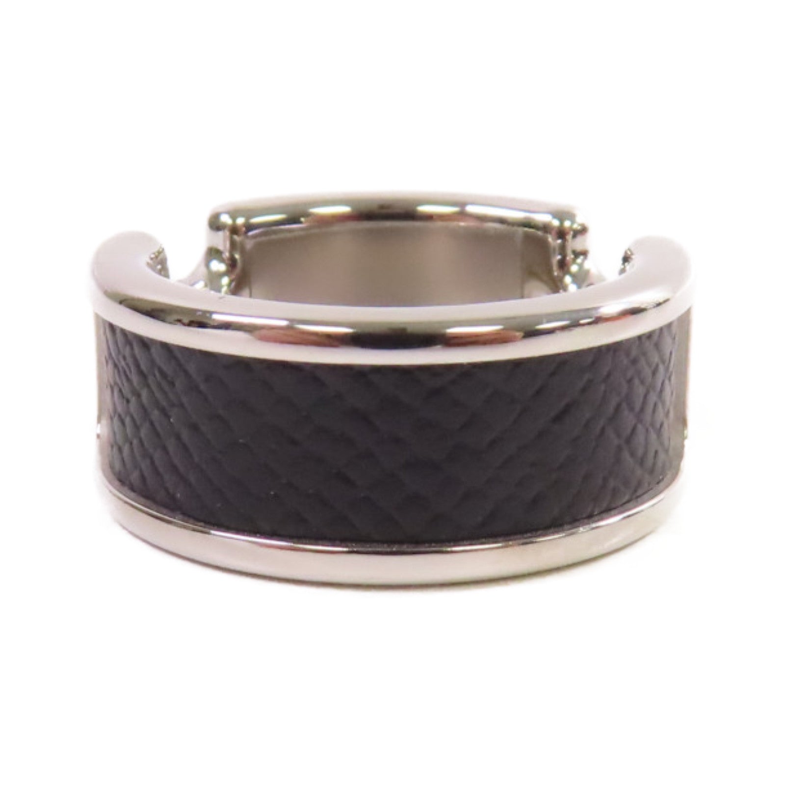 HERMES 白鍍金/牛皮皮革Olympe Ring S戒指Noir黑色US#6