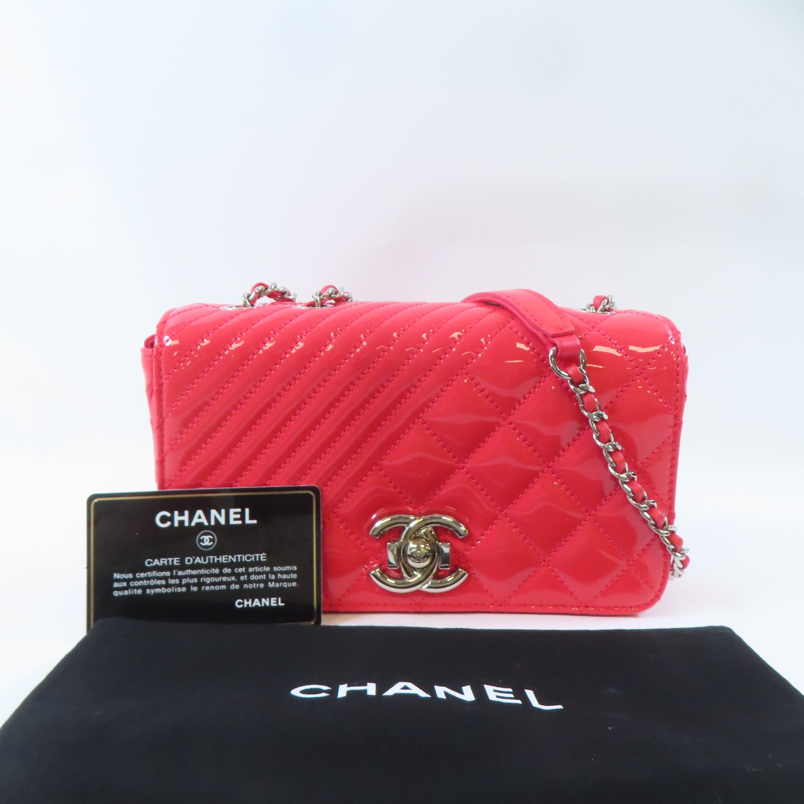 CHANEL 【激減優惠】漆皮皮革Chain Shoulder銀扣鏈帶肩背袋紅色