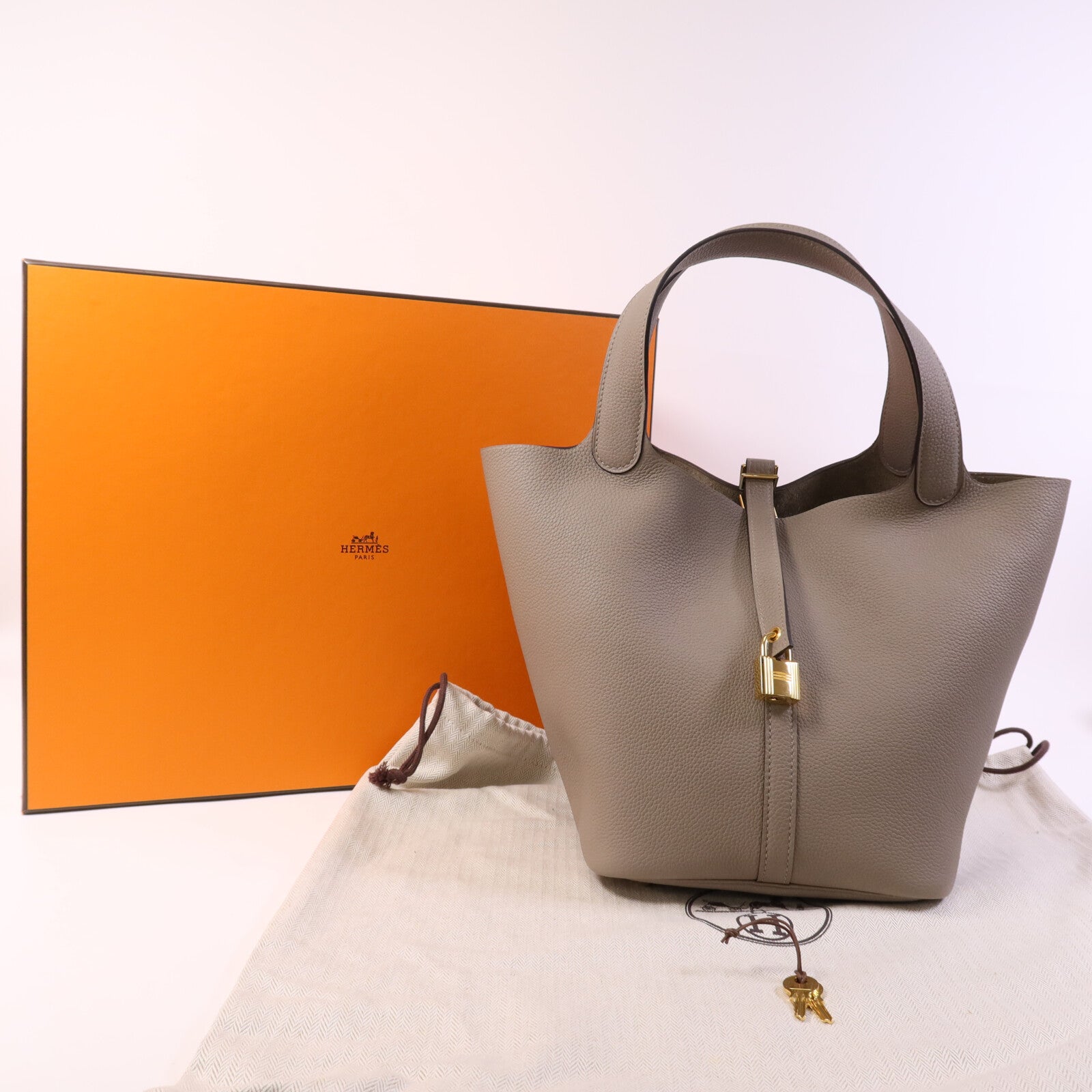 HERMES Togo皮革Picotin MM金扣手挽袋Asphalt