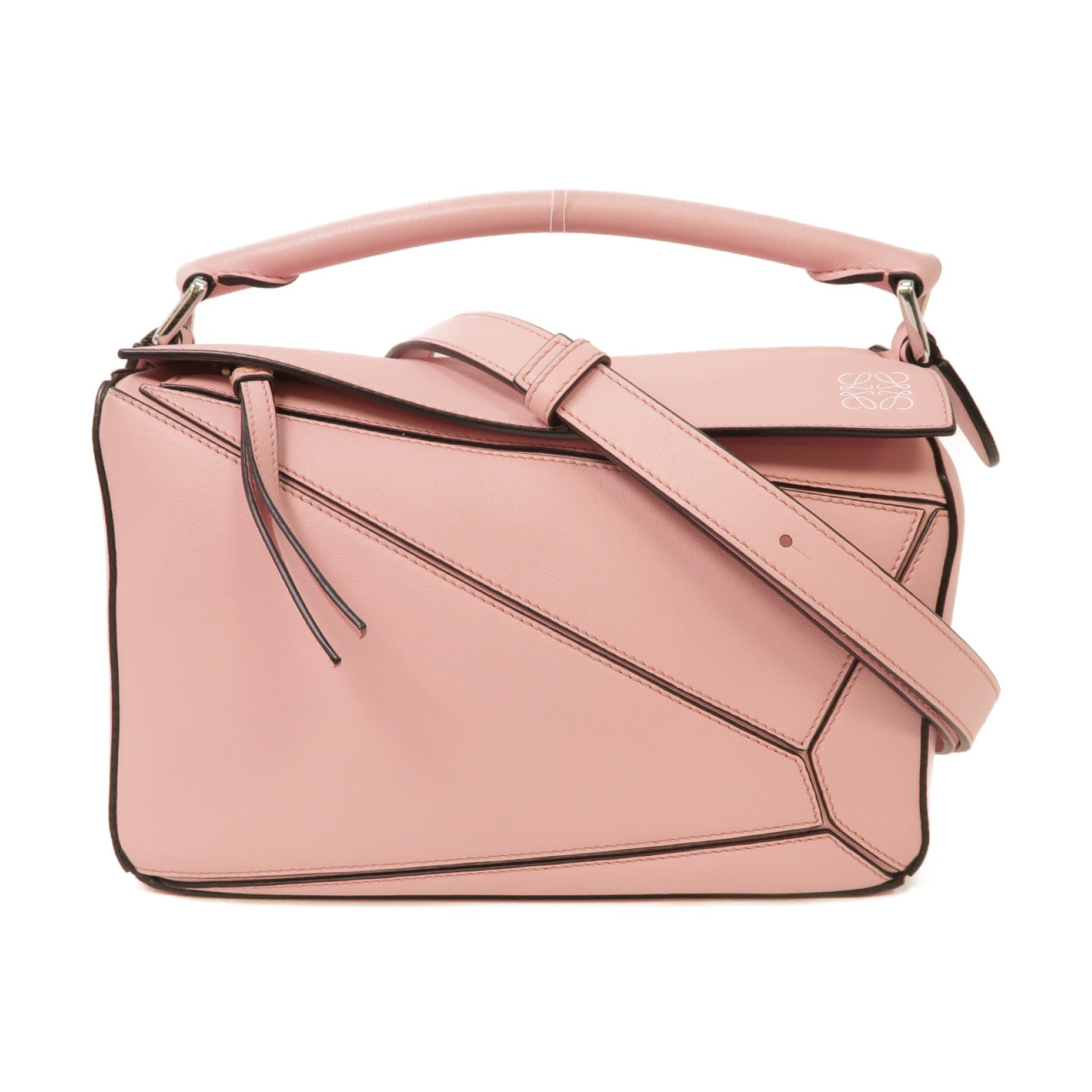 LOEWE 牛皮皮革Puzzle銀扣手挽肩背兩用袋粉紅色