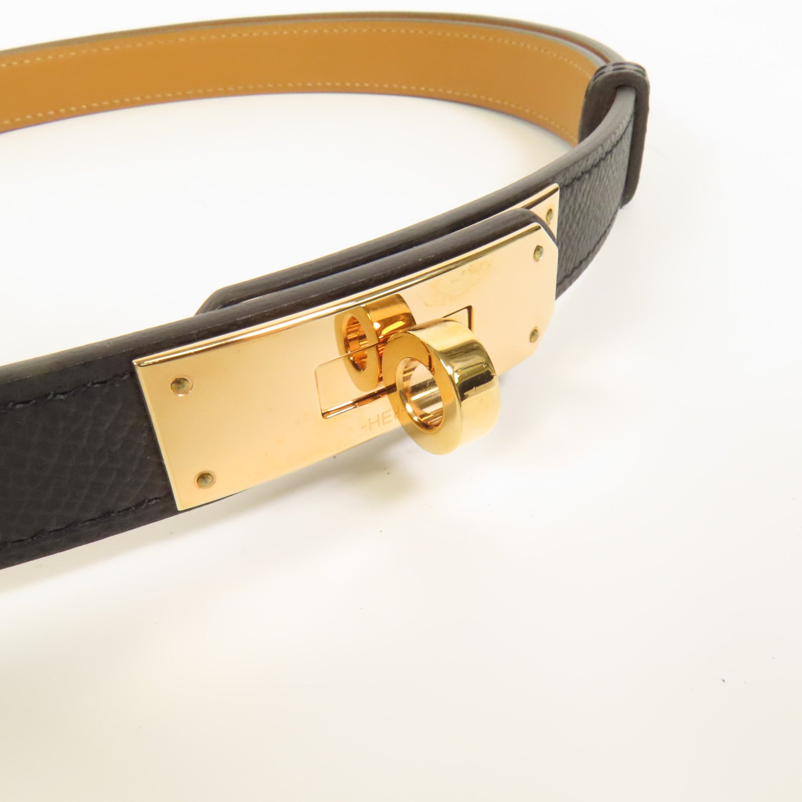 HERMES Epsom皮革Kelly Belt玫瑰金扣皮帶Noir